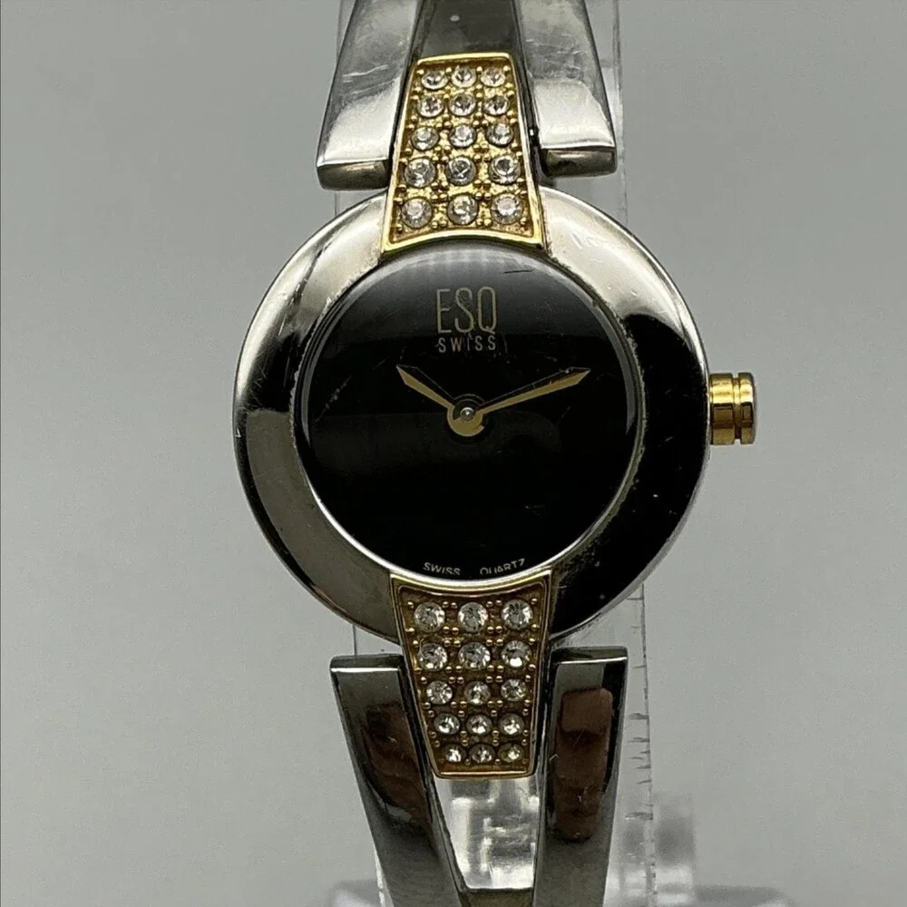 ESQ Swiss Womens Watch 23mm Black Dial Crystals Stainless Bracelet New Batt 7